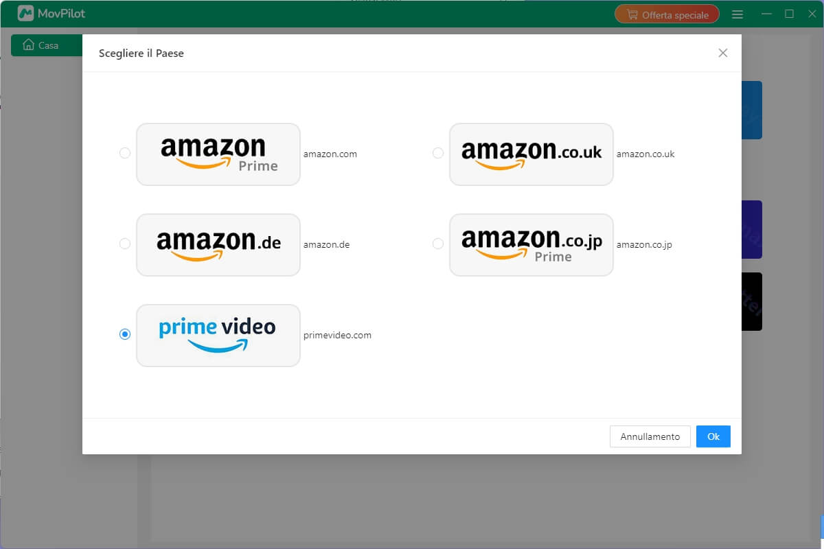 Seleziona la piattaforma Amazon desiderata
