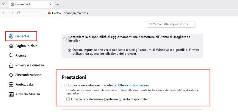 Disabilita l'Accelerazione Hardware su Firefox