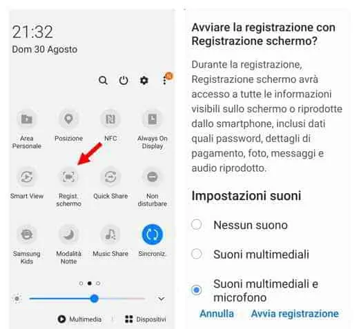 Pagina Registrazione Schermo Android