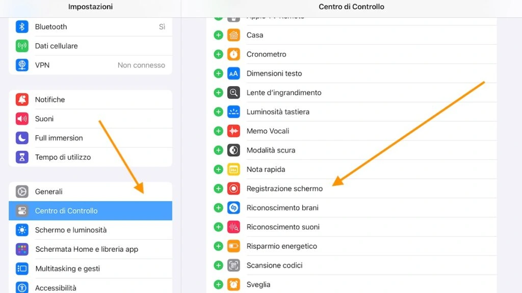 Pagina Impostazioni iPad