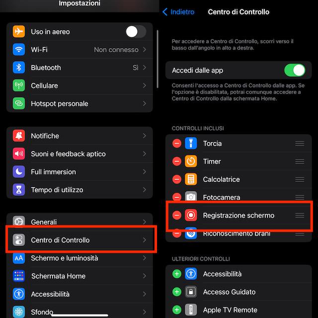 Pagina Impostazioni iPhone