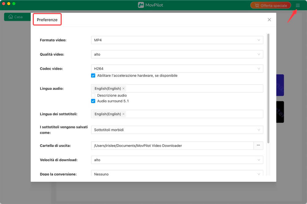 Personalizza i Parametri di Output di Movpilot